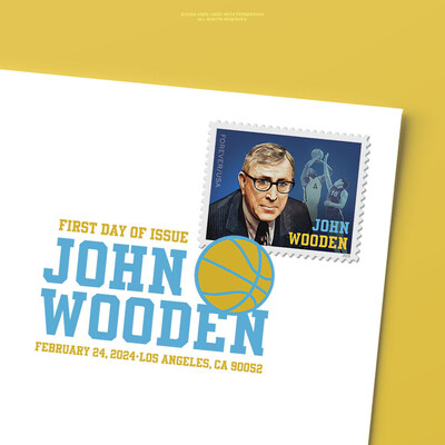Sello John Wooden Forever (matasellos digital en color). Servicio Postal de Estados Unidos