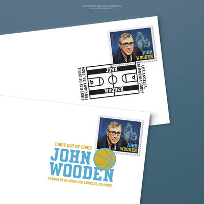 John Wooden Forever Stamp (sobre inaugural). Servicio Postal de Estados Unidos