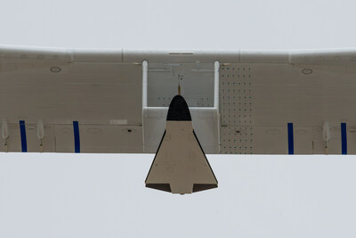 Stratolaunch's Talon-A vehicle attached to the center wing of the Roc launch platform during a flight on Feb. 24, 2024.