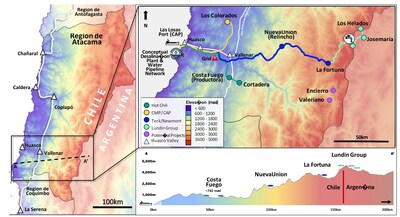 Location of a conceptual multi-user, desalination water network in relation to infrastructure and potential customers in the Huasco valley region of the southern Atacama, Chile (CNW Group/Hot Chili Limited)