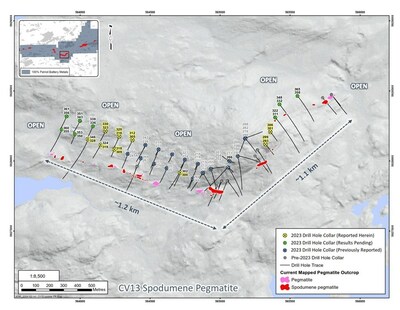 Figure 1: Drill holes completed through 2023 at CV13 Spodumene Pegmatite. (CNW Group/Patriot Battery Metals Inc)