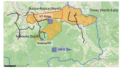 Pipeline map and location of Exploration Licences in Orange and Production Licences in Blue. (CNW Group/MCF Energy Ltd.)