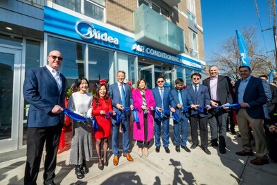 Midea held a ribbon-cutting ceremony for the opening of its first U.S. showroom and distribution center in Queens, NY, on Saturday, Feb. 24, 2024. The innovative space will make heat pumps more accessible for consumers and professionals alike, demonstrating Midea's commitment to equitably integrating advanced heat pump technology into homes across North America. Pictured left to right: David Rames, Midea; Shannon Liu, Midea; Dr. Wenqing Zhang, Ai-Midea; Phil Huang, Midea; U.S. Congresswoman Grace Meng; Kenny Liu, Ai-Midea; Denis Liu, Midea; Victor Xu, Ai-Midea; Chris Corcoran, Assistant Director, New York State Energy and Resource Development Authority; Eric Hervol, Midea. (Diane Bondareff/AP Images for Midea)
