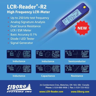 High frequency LCR-meter with Signature Analysis Tool: LCR-Reader-R2, 0.1% basic accuracy, 250 kHz test frequency, Optional Bluetooth.