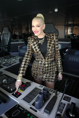 Gwen Stefani tours Carnival Jubilee and pushes the button on the iconic Carnival funnel horn.