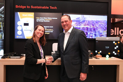 Aliette Mousnier Lompre, CEO of Orange Business with Chuck Robbins, Chair and CEO of Cisco at MWC Barcelona