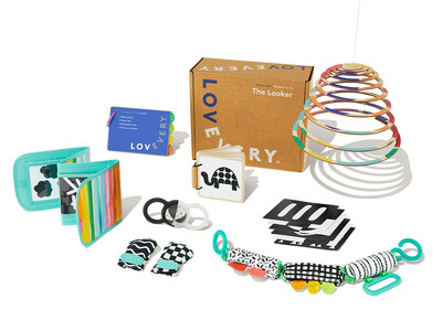 Stage-based play essentials for your child's developing brain. The Looker Play Kit by Lovevery: Sensitive to light and sound, your newborn is already becoming aware of their new world. The Looker Play Kit helps them build new brain connections with high-contrast images and black and white sensory mittens.