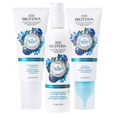 Zotos Professional brand Biotera released three new Intensive products to its scalp-friendly line: 2:1 Scalp Scrub + Shampoo, 2:1 Cool + Hydrate Balm, and 2:1 Protective Leave-In + Overnight Treatment.