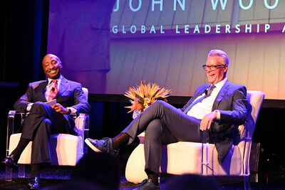 Kenneth C. Frazier, chairman of health assurance initiatives at General Catalyst and Delta Airlines CEO Ed Bastian enjoy a laugh during their conversation at the 2024 John Wooden Global Leadership Awards banquet, held at the Beverly Wilshire Hotel.