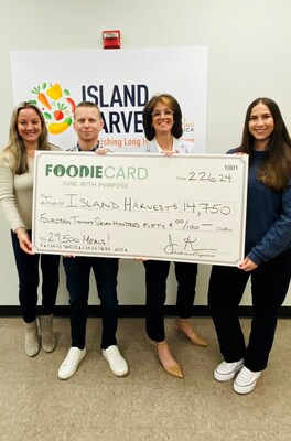 The Foodie Card team presenting their largest donation check on February 26, 2024, to Randi Shubin Dresner, CEO of Island Harvest Food Bank, at its Melville, NY, location.