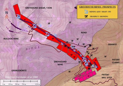 Greyhound property outlining multiple showings and mines along the 3.6 km shear (CNW Group/Metallis Resources Inc.)