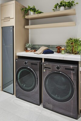 Powering the laundry room with the ultimate clean is the LG Styler Steam Closet that refreshes, deodorizes and sanitizes hard-to-wash items and fabrics, combined with he LG Mega Capacity Smart Front Load Washer and Dryer that delivers a complete clean in under 30 minutes.