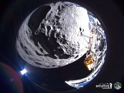 On Feb. 22, 2024, Intuitive Machines’ Odysseus lunar lander captures a wide field of view image of Schomberger crater on the Moon approximately 125 miles (200 km) uprange from the intended landing site, at approximately 6 miles (10 km) altitude. Credit: Intuitive Machines