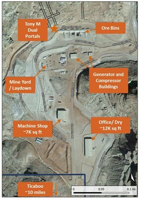 Figure 2 – Image of large-scale surface infrastructure at the Tony M Mine, which includes two parallel declines extending 10,200 ft, a power generation station, fuel storage facility, ore bays, maintenance building, offices, dry facilities and evaporation pond. (CNW Group/IsoEnergy Ltd.)