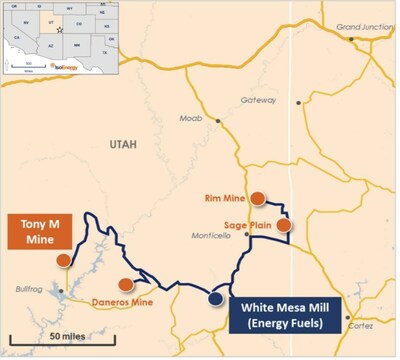 Figure 1 - Location map of Tony M, Daneros and Rim Mines and the Sage Plain Project in proximity to Energy Fuel's White Mesa Mill, the only operational conventional uranium mill in the U.S. with licensed capacity of over 8Mlbs of U₃O₈ per year, located in Utah. (CNW Group/IsoEnergy Ltd.)