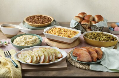 The new Easter Ham and Turkey Hot n' Ready Family Dinner serves 4-6 and includes Cracker Barrel's Turkey with Turkey Gravy, Ham, Green Beans, Macaroni n' Cheese, Mashed Potatoes with Roasted Gravy, Dinner Rolls, and Apple Streusel Pie. Available for a limited time.