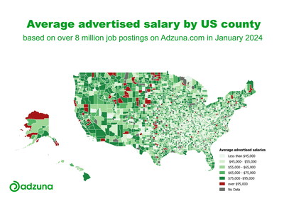 Average advertised salary by US county based on over 8 million job postings on Adzuna.com in January 2024