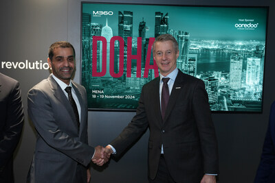 Mats Granryd, Director General, GSMA joined Sheikh Mohammed Bin Abdulla Bin Mohammed Al Thani, Deputy Group Chief Executive Officer of Ooredoo Group to celebrate the return of GSMA M360 MENA in a signing ceremony at MWC Barcelona 2024
