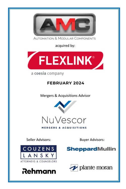 NuVescor Advises Automation & Modular Components, LLC (AMC, LLC) on its Sale to Coesia
