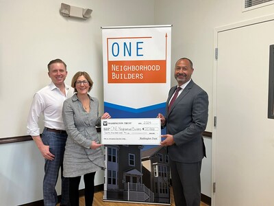 The Washington Trust Charitable Foundation made a $20,000 contribution to ONE Neighborhood Builders to support the pre-development activities for a 20-unit development in the Olneyville section of Providence, RI. From L to R: Kyle McKendall, VP of Resource Development & Communications at ONE Neighborhood Builders; Jennifer Hawkins, President & CEO at ONE Neighborhood Builders; and Rolando Lora, EVP, Chief Retail Lending Officer and Director of Community Lending at Washington Trust.