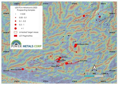 Figure 2 ? Case Lake property map showing Li2O (%) in rock samples and location of untested target areas (CNW Group/POWER METALS CORP)