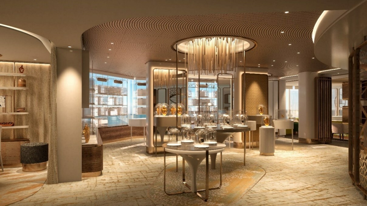 A conceptual render from Sybille de Margerie showing part of Queen Anne’s Grand Lobby Boutiques space (Image at LateCruiseNews.com - March 2024)