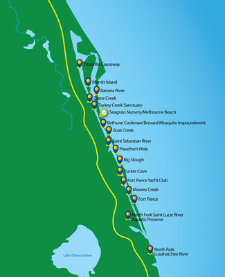 Map of new Indian River Lagoon seagrass nursery and 16 seagrass restoration projects in Florida.