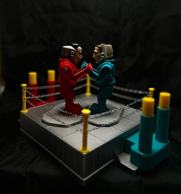 Evolv AI's custom rockem sockem play sets with E-Lon and Zuckerborg looking to battle it out in the ring.