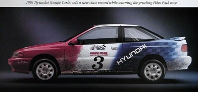 1992 – This was the first year a Hyundai is noted as competing on Pikes Peak. Rod Millen won the 2-
Wheel Drive Showroom Stock division – 13:21.17. Millen drove A Hyundai Scoupe equipped with the company’s new turbocharged, 16-valve, dual overhead camshaft Alpha series engine.