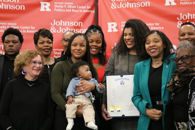 From left, Rutgers-Newark Chancellor Nancy Cantor, family members of the late Lt. Governor Sheila Y. Oliver, New Jersey Sen. Britnee Timberlake,  Lt. Gov. Tahesha Way,  James Jones, co-director of the Sheila Y. Oliver Center for Politics and Race in America, and Jeannine LaRue. Photo credit: Nora Luongo