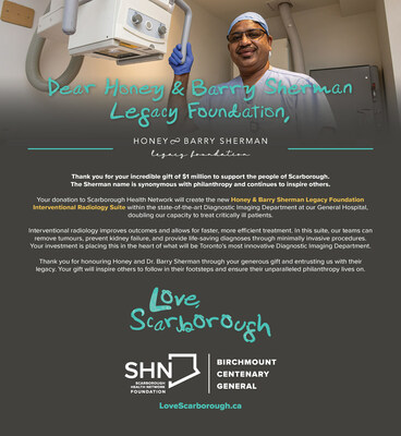 Gift announcement ad thanking the Honey & Barry Sherman Legacy Foundation for their $1 million donation to Scarborough Health Network. (CNW Group/Scarborough Health Network Foundation)