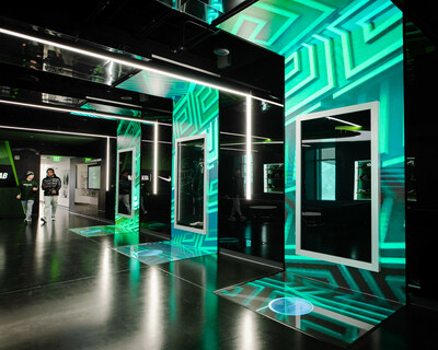 MSU's new Nike Gear Lab, where interactive video displays built with PixelFLEX's FLEXUltra LED panels offer immersive experiences, allowing students to engage with virtual football uniform combinations.