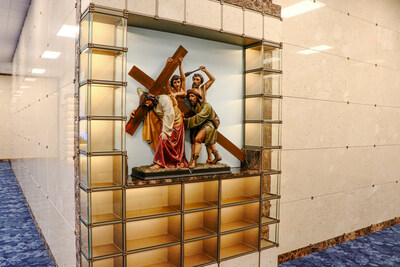 Restored Stations of the Cross: The 14 life-like statues of the Stations of the Cross were handcrafted from wood made in Tyrol, Austria, almost 200 years ago. The sculptures were saved from St. Peter's Church (formerly Queen of Angels), built in Newark, NJ, around 1860, and restored to their original glory.