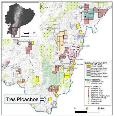 Figures 1 – Regional Map of Tres Picachos Project in South-east Ecuador (CNW Group/Adventus Mining Corporation)