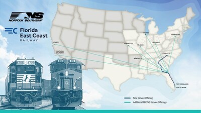 Map of Norfolk Southern and Florida East Coast Railway’s new domestic and international intermodal service offering, along with existing offerings.