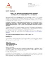 AFRICA OIL ANNOUNCES DECLARATION OF DIVIDEND DISTRIBUTION AND THE DATE OF ITS AGM MEETING