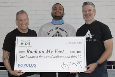 Populus Financial Group presents a $100,000 donation to Bill Turner, Member Services Coordinator and Back on My Feet Alum, Osman at the Dallas-Fort Worth Back on My Feet Chapter