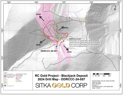Figure 1 - Plan map showing location of DDRCCC-24-057 where diamond drilling is currently underway. This drill hole is designed to test continuity of the higher-grade gold intercepts previously discovered at the southern extent of the Blackjack Zone. The Blackjack gold deposit remains open in all directions. (CNW Group/Sitka Gold Corp.)