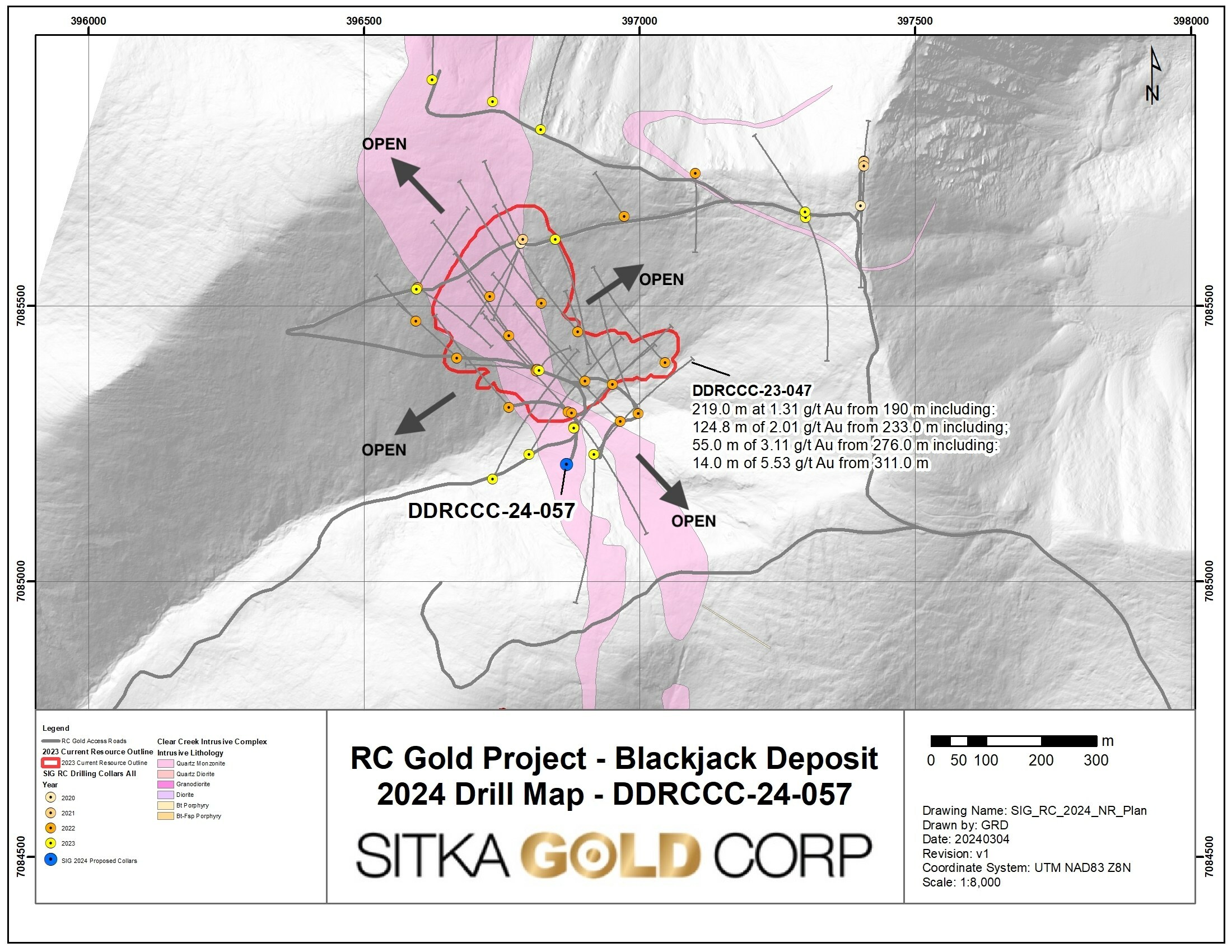 Figure 1 - Plan map showing location of DDRCCC-24-057 where diamond drilling is currently underway. This drill hole is designed to test continuity of the higher-grade gold intercepts previously discovered at the southern extent of the Blackjack Zone. The Blackjack gold deposit remains open in all directions. (CNW Group/Sitka Gold Corp.)