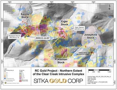 Figure 2: Plan map of the Northern Extent of the Clear Creek Intrusive Complex where several drill intervals and surface samples have demonstrated the high-grade nature of the Reduced Intrusion Related Gold System present. Yellow stars indicate where outcrop rock samples or drill hole intervals have returned >10 g/t gold. Several additional targets with the potential to host intrusion related gold deposits of significant size and grade have yet to be drilled within this approximately 3 km x 5 km (CNW Group/Sitka Gold Corp.)