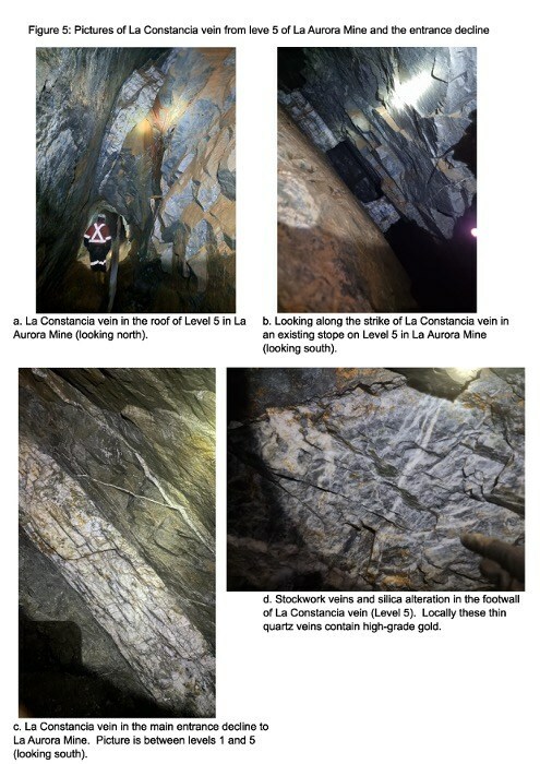 Fotografías de la veta La Constancia del nivel 5 de la mina La Aurora y descenso de entrada (CNW Group/Soma Gold Corp.)