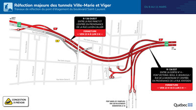 Fermeture complte de la route 136 dans les deux directions, secteur du tunnel Ville-Marie (Groupe CNW/Ministre des Transports et de la Mobilit durable)