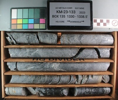 Figure 3. Drill core from Hole KM-23-133, showing the 0.5 m interval 407.5 m to 408 m which intersected 28.7 g/t gold, 7.1% copper, 0.99% zinc, and 564 g/t silver (for an equivalent grade after assumed recoveries of 36.8 g/t AuEq). (CNW Group/Arizona Metals Corp.)