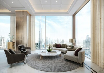 Family lounge view of Downtown Dubai from the Waldorf Astoria Residences Dubai Downtown. Photo Credit: Courtesy NABNI Developments