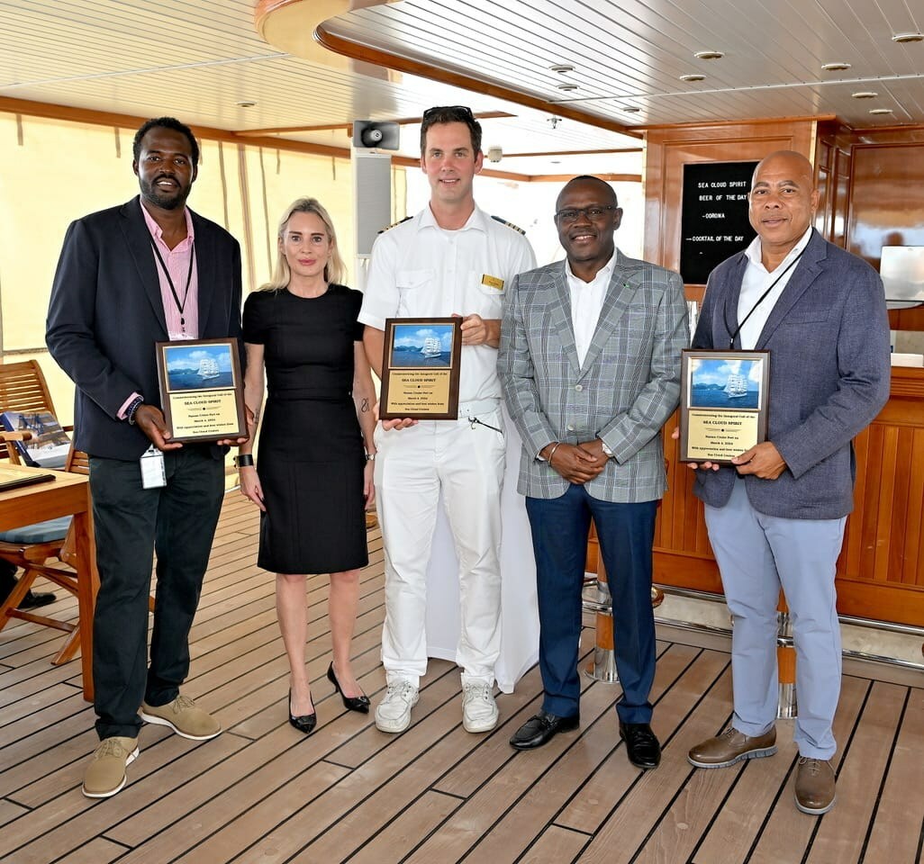 Deputy Prime Minister and Minister of Tourism, Investments and Aviation I. Chester Cooper and tourism industry leaders joined Sea Cloud Cruises President Mirell Reyes for a ceremonial plaque exchange to celebrate the inaugural call of Sea Cloud Spirit at the Nassau Cruise Port. (Image at LateCruiseNews.com - March 2024)