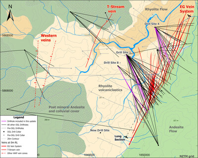 Figure 1: Wharekirauponga Plan View of Geology, Drill Traces and Distribution of 3 Main Vein Zones (CNW Group/OceanaGold Corporation)