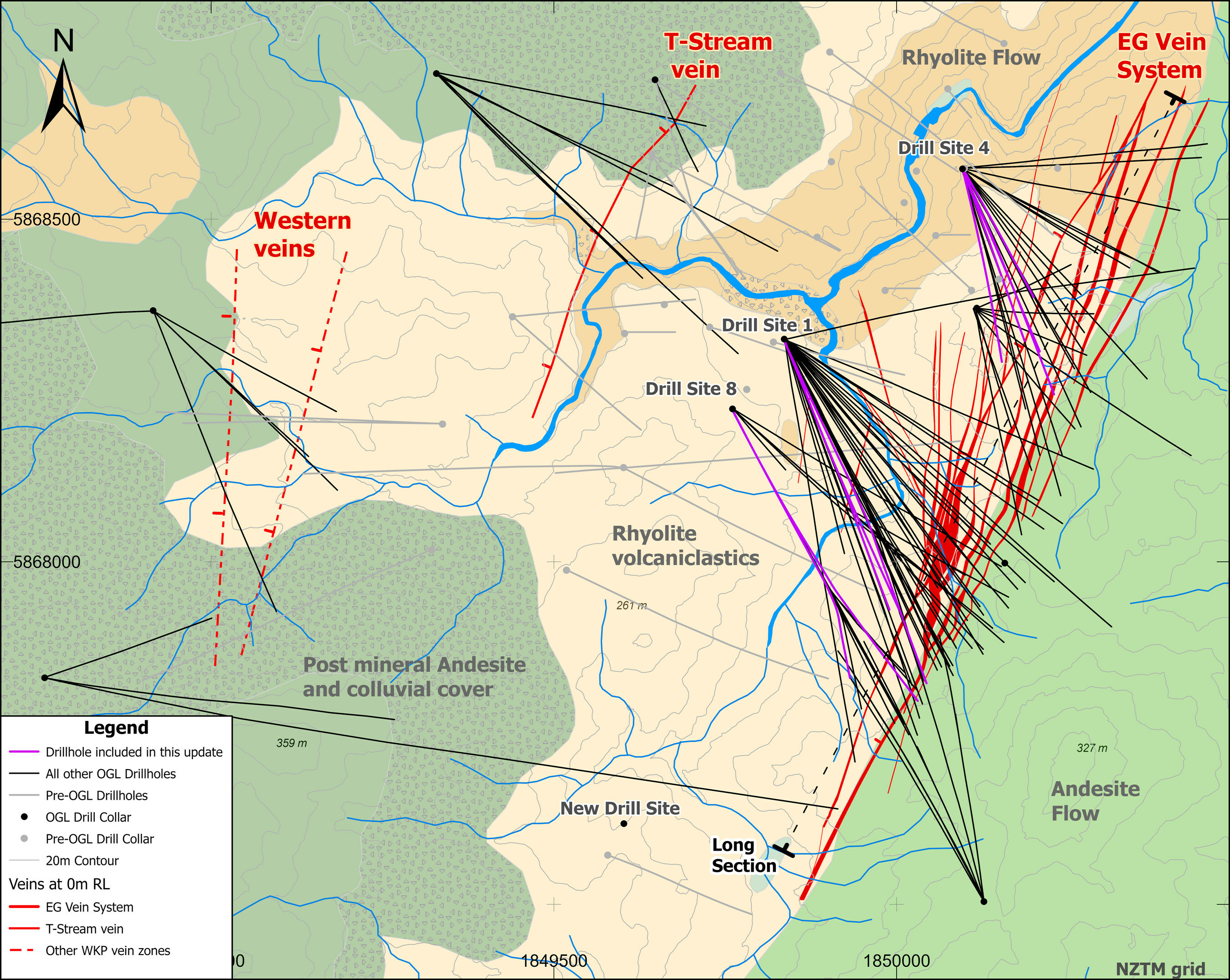 Figure 1: Wharekirauponga Plan View of Geology, Drill Traces and Distribution of 3 Main Vein Zones (CNW Group/OceanaGold Corporation) Figure 1: Wharekirauponga Plan View of Geology, Drill Traces and Distribution of 3 Main Vein Zones (CNW Group/OceanaGold Corporation)