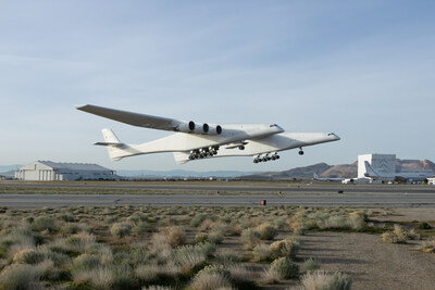 Stratolaunch's Roc air launch platform takes off from Mojave Air and Space Port at Rutan Field on March 9, 2024. This was the fourteenth flight for the aircraft, and the second in which it launched a Talon vehicle from its center-wing pylon.