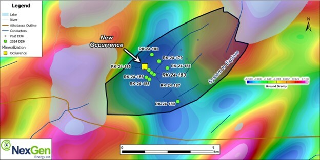 Figure 2: PCE occurrence with area of interest for further exploration outlined, 2024 drillholes shown as green dots (CNW Group/NexGen Energy Ltd.)