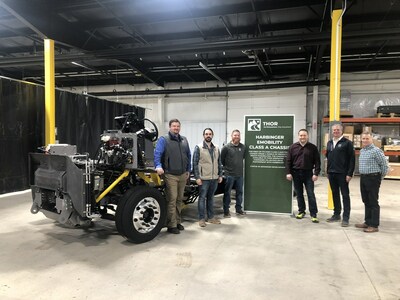 Harbinger CEO John Harris meets with THOR SVP and COO Todd Woelfer in acceptance of Harbinger’s first commercial delivery. THOR becomes Harbinger’s first customer to receive its purpose-built medium-duty EV chassis. From left to right: Dustin Feller, John Harris, Tomas Parr, Jim Kame, Todd Woelfer and Paul Levandowski.
